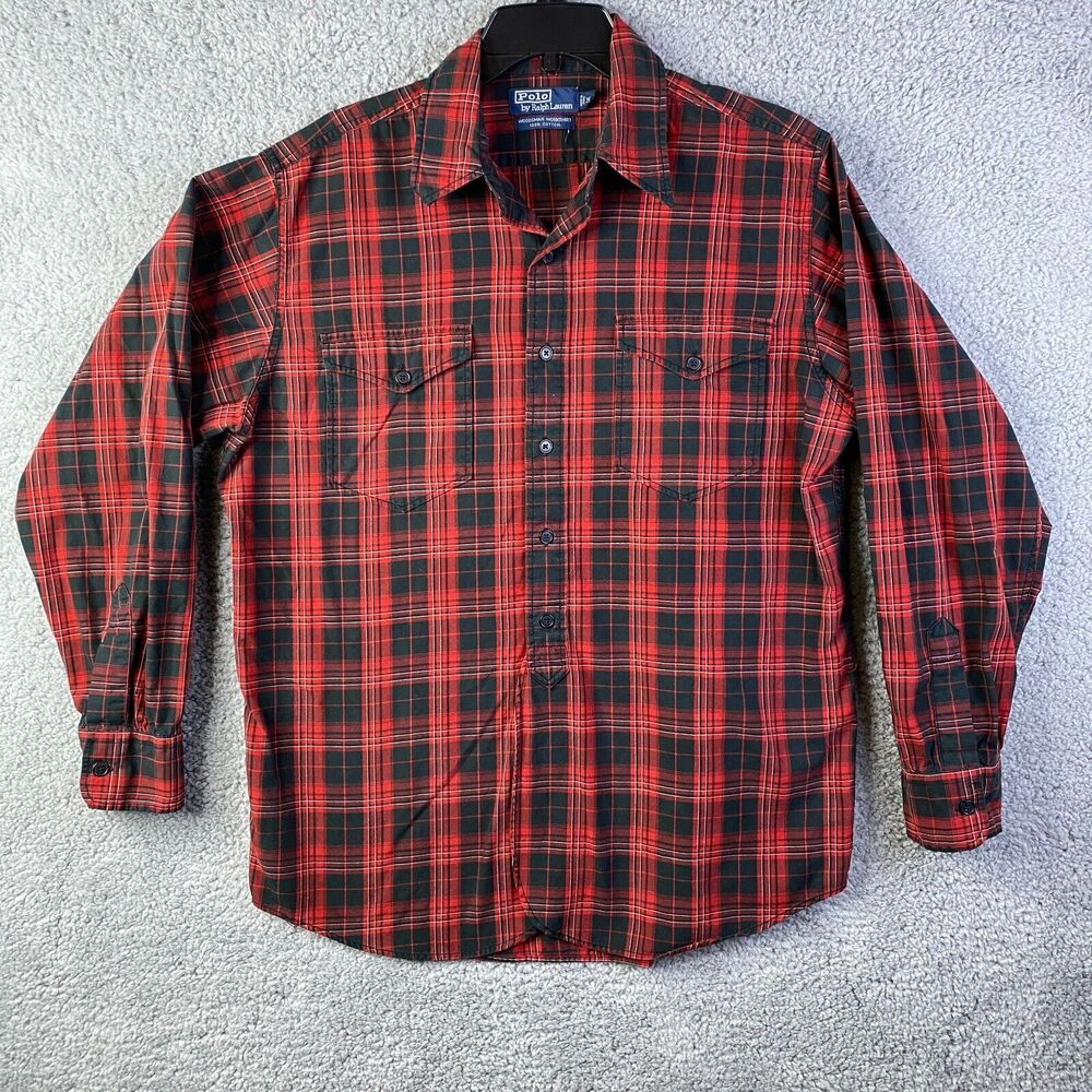 POLO by Ralph Lauren Mens Shirt Woodsman Work Shirt Red Black Long Sleeves Sz M